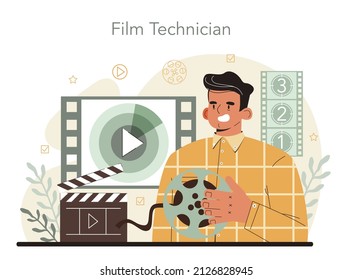 Videographer concept. Video production, filming and editing. Cameraman or motion designer. Making visual content for media with special equipment. Flat vector illustration