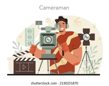 Videographer concept. Video production, filming and editing. Cameraman or motion designer. Making visual content for media with special equipment. Flat vector illustration