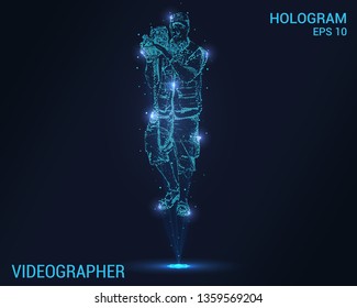 Videographer hologram. Holographic projection videographer. Flickering energy flux of particles. Scientific design videographer