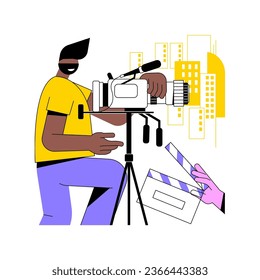 Videographer isolated cartoon vector illustrations. Man using camera, video making, filming event, production service, small business, self-employed specialist, freelance work vector cartoon.