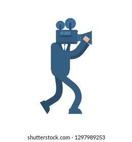 Videographer isolated. Man and Video camera. camcorder head. Vector illustration