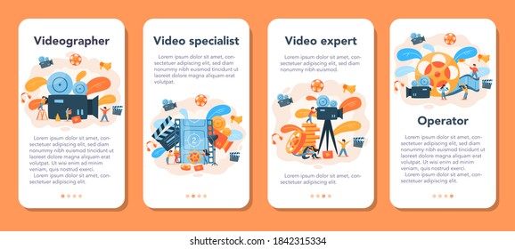 Videographer mobile application banner set. Movie and cinema industry. Making visual content for social media with special equipment. Isolated vector illustration