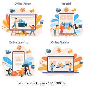 Videographer online service or platform set. Movie and cinema industry. Online learning, forum, tutorial, training. Isolated vector illustration