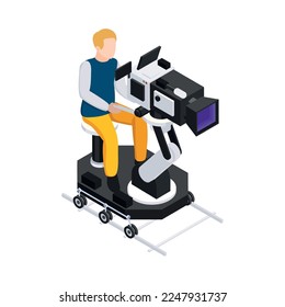 Videógrafo operador cinematográfico personas composición isométrica con vistas a la realización de películas ilustración vectorial de rutina
