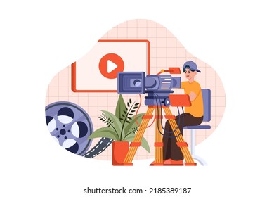 Videographer with professional studio equipment Illustration concept on white background