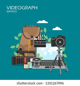 Videografo servicios vectorial de diseño plano ilustración. Portátil, camcorder, trípode, tarjetas de memoria, tablero de papel. Concepto de videografía profesional para banner web, página web, etc.