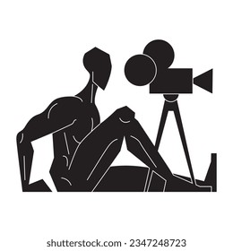 Videographer shoots film on professional camera isolated. Movie video production, filmmaking studio, video shooting process. Vector character illustration in modern style of work in creative industry