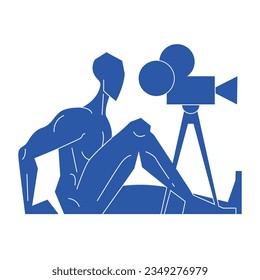 Videographer shoots film on professional camera isolated. Movie video production, filmmaking studio, video shooting process. Vector character illustration in modern style of work in creative industry