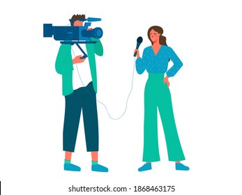 Videographer with TV presenter conducts direct reporting from the place of events. Creative illustration isolated for design templates.