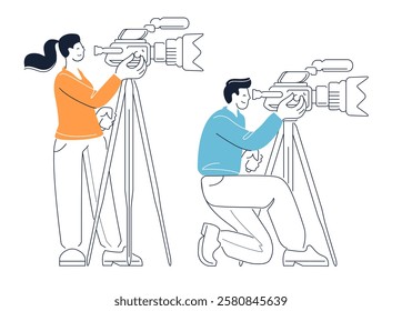 Videographer with video camera on tripod. Filming report or interview for media. Television, movie illustration