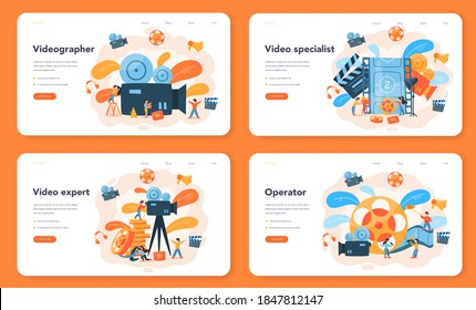 Videographer web banner or landing page set. Movie and cinema industry. Making visual content for social media with special equipment. Isolated vector illustration