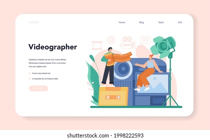 Videographer web banner or landing page. Video production, filming and editing. Cameraman or motion designer. Shooting visual content for media with special equipment. Flat vector illustration