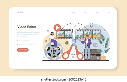 Videographer web banner or landing page. Video production, filming and editing. Cameraman or motion designer. Making visual content for media with special equipment. Flat vector illustration