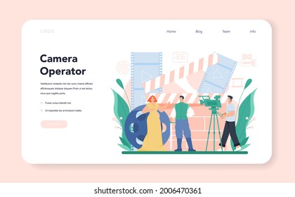 Videographer web banner or landing page. Video production, filming and editing. Cameraman or motion designer. Shooting visual content for media with special equipment. Flat vector illustration