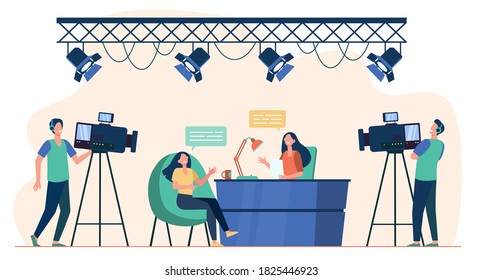 Videographers shooting interview in TV studio. News host talking to TV show guest. Flat vector illustration for camera crew, broadcasting, television concept