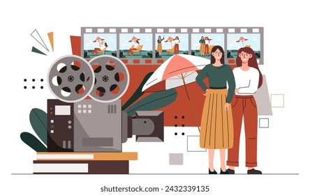Videographers team concept. Two women with movie camera and umbrella. Film induistry, TV series and movie production. Cartoon flat vector illustration isolated on white background