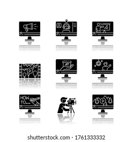 Videography drop shadow black glyph icons set. Web conference. Internet blogging. Nature documentary film. Concert streaming. TV commercial. Isolated vector illustrations on white space