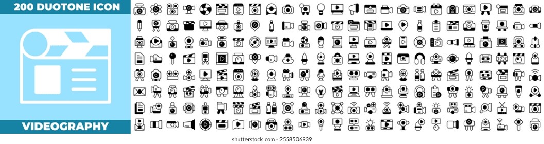 Videography Duotone Editable Icons set. Vector illustration in modern thin duotone style of videography icons: Vlog, movie, motion, play, video editor, etc