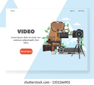 Videography landing page template. Vector flat style design concept for videographer website and mobile site development. Laptop, camcorder, camera and tripod, memory cards, clapperboard.