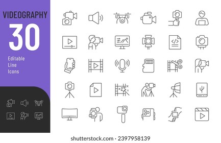 Videography Line Editable Icons set. Vector illustration in thin line modern style of movie related icons: gadgets for video shooting and playback, video formats, web camera and more.