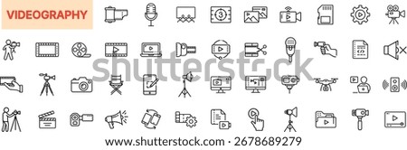 Videography Line Icon Set with Camera, Tripod, Microphone, Film Reel, Clapperboard, Video Editing, Drone, Director Chair, Studio Light, Screen Recording, Streaming, and Multimedia Production Elements