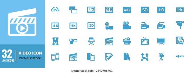 Conjunto de iconos de línea de vídeo. Película, iconos de vídeo, película de colección. Trazo editable	
