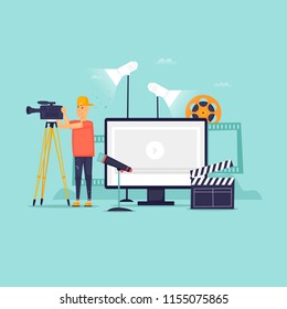 Videography, a man with a camera shoots, a blog, a studio. Flat design vector illustration.