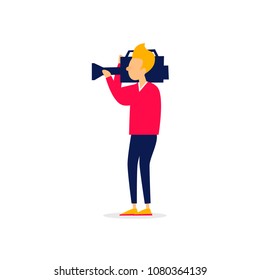 Videography, the man is holding the camera. Flat illustration isolated on white background.