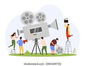 Videography, multimedia, video and cinema production by professional team. Tiny people with film reel and clapperboard making movie, cameraman recording with camera cartoon vector illustration