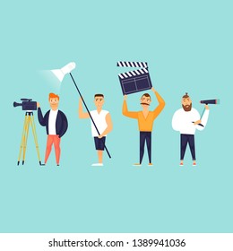 Videography, operator, sound, light, and director. Flat design vector illustration.