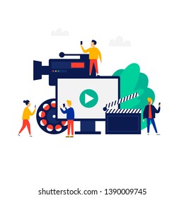 Videography, people shoot video. Flat illustration in cartoon style. Vector.