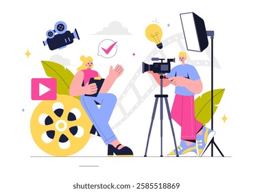 Videography Services Vector Illustration featuring Video Recording Production, Film Making, Videographer Equipment, and the Cinema Industry