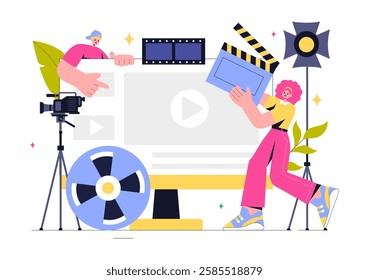 Videography Services Vector Illustration featuring Video Recording Production, Film Making, Videographer Equipment, and the Cinema Industry