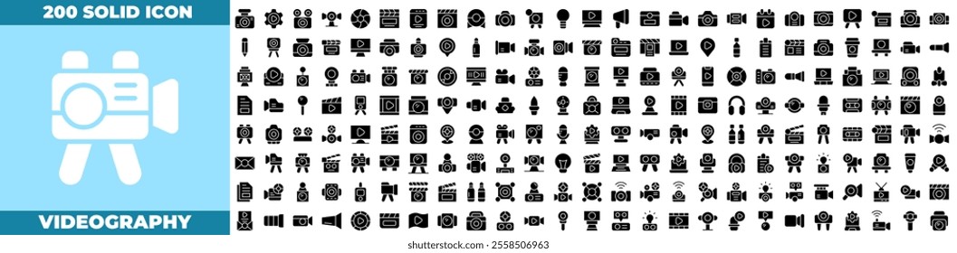 Videography Solid Editable Icons set. Vector illustration in modern thin solid style of videography icons: Vlog, movie, motion, play, video editor, etc