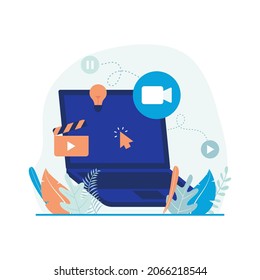Videography, video editing, editor vector illustration. Laptop with video camera and cinema icon. Flat design suitable for many purposes.