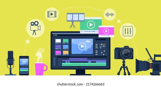 Videomaking And Video Editing Equipment: Computer With Video Editing Software, Digital Camera, Video Camera, Smartphone And Microphone