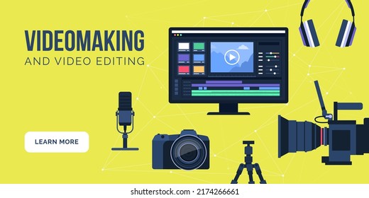 Videomaking and video editing equipment: post-production software, video camera, microphone and videomaking tools