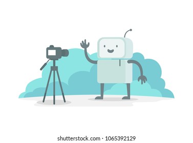 Videoobloger robot character in front of the camera. Stream shows on video. Selfie recording for you tube. The reporter news reportage. Flat color vector illustration