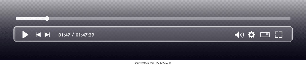 Videoplayer bar template glass morphism style with button play, timelime. Audio player for songs, podcast playlist