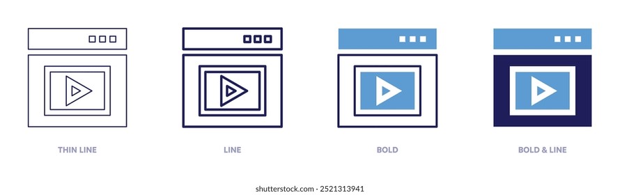 Videos marketing icon in 4 different styles. Thin Line, Line, Bold, and Bold Line. Duotone style. Editable stroke.