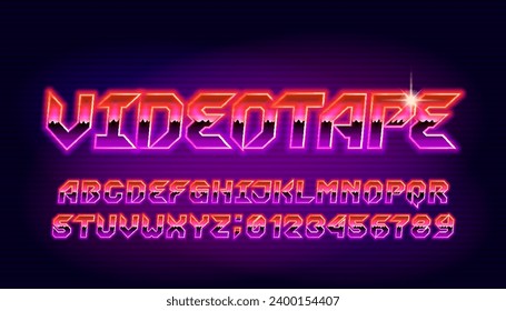 Videotape alphabet typeface. 80s style bright neon letters and numbers. Stock vector typescript for your design.