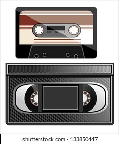 videotape and  cassette on white background