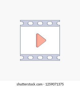 Videotape or film strip frames with video player icon and play button. Entertainment, watching films, media and multimedia. Flat line vector illustration.