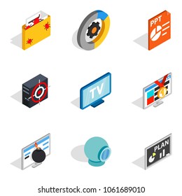 Videotape icons set. Isometric set of 9 videotape vector icons for web isolated on white background