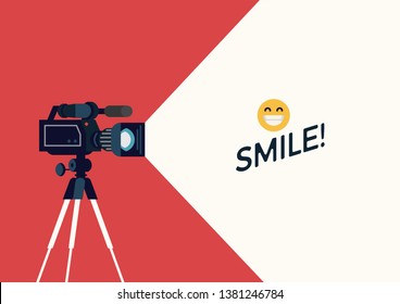 Videotaping layout. Creative vector background with camera on tripod and decorative text container. Ideal for journalism, vlogging or live streaming themed banners, flyers or social media content