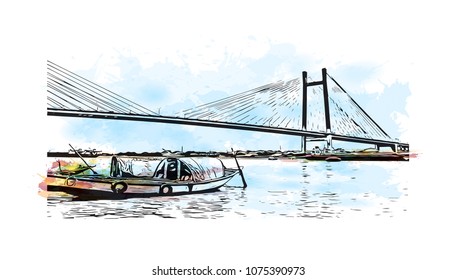 Vidyasagar Setu bridge of Kolkata, City in West Bengal. Watercolour splash with hand drawn sketch illustration in vector.