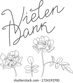 "Vielen Dank" hand drawn vector lettering in German, in English means "Thanks a lot". Hand lettering with hand drawn roses. Deutsch inspirational quote or saying. Positive lifestyle concept. 