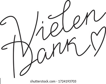 "Vielen Dank" hand drawn vector lettering in German, in English means "Thanks a lot". Hand lettering isolated on white. Deutsch inspirational quote or saying. Positive lifestyle concept. 