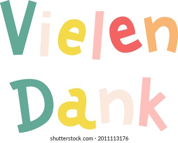 "Vielen Dank", grabado a mano con letras vectoriales en alemán, en inglés significa "Muchas gracias". Grabado alemán de colores a mano aislado en blanco. Arte de caligrafía moderna vectorial