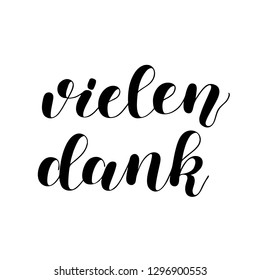 Vielen dank. Thanks a lot in German. Hand drawn vector lettering isolated on white background. Modern handlettering postcard for printing, web pages and more.